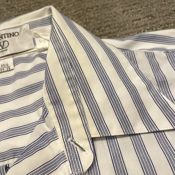 Valentino Uomo Shirt Mens 15.5 34 35 Blue White Stripe Dress Casual Button Up - Picture 8 of 10